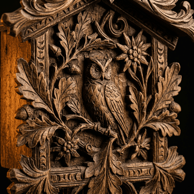 Hand-carved linden wood cuckoo clock detail