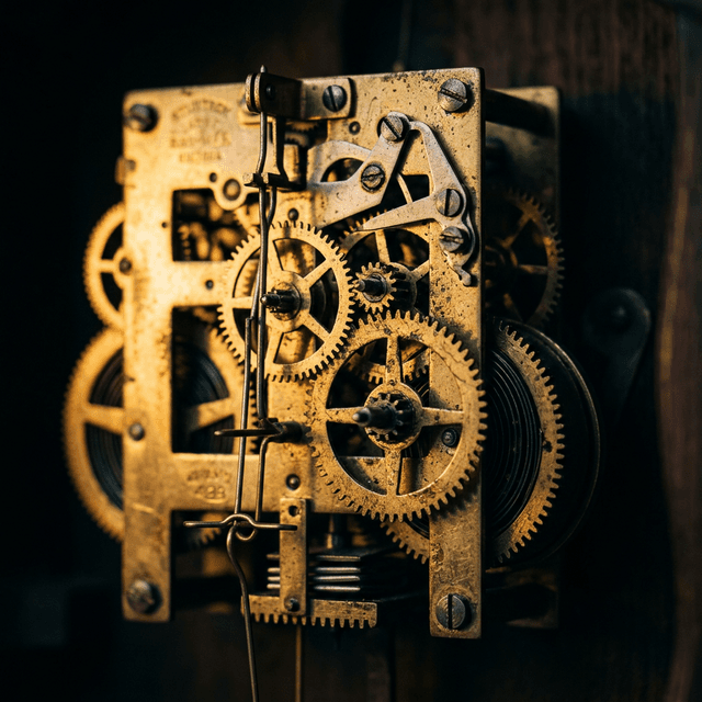 Intricate brass clock gears and mechanical movement